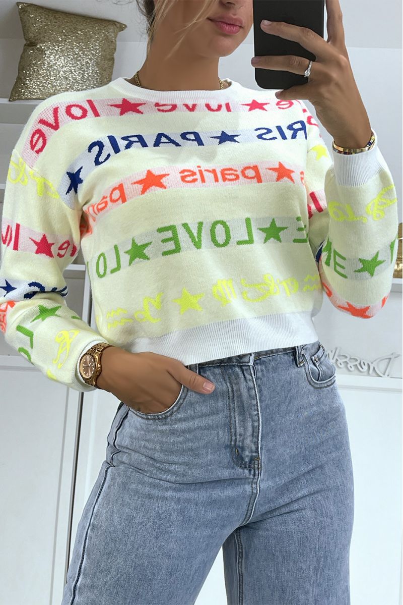 Grijze  korte trui met fluorescerend opschrift