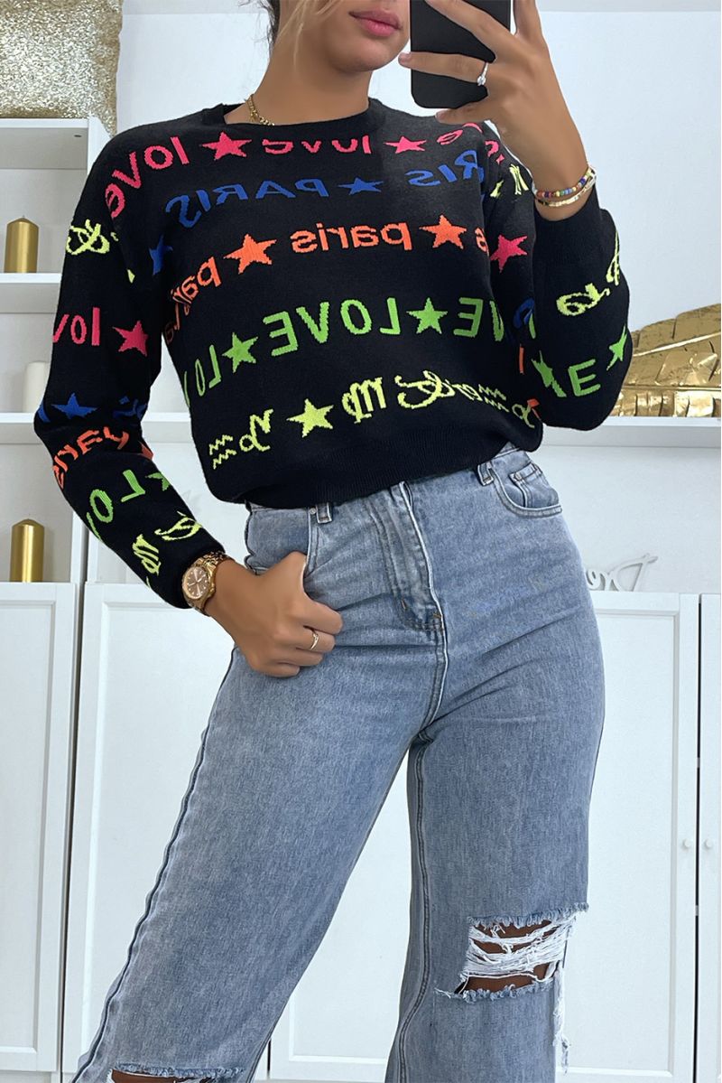 Grijze  korte trui met fluorescerend opschrift