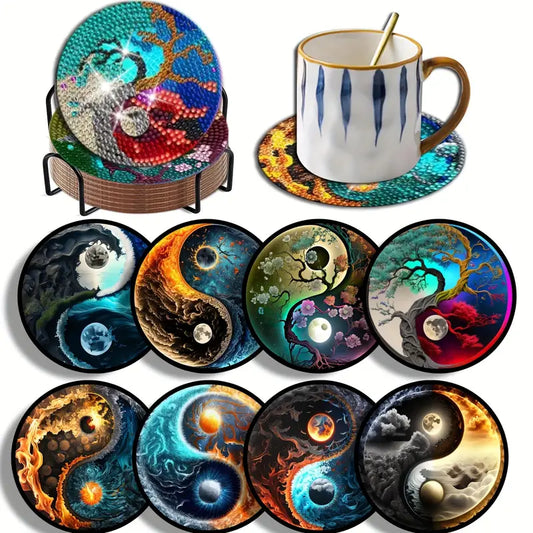 Diamond painting 8-delig onderzetters Ying Yang kit met houder