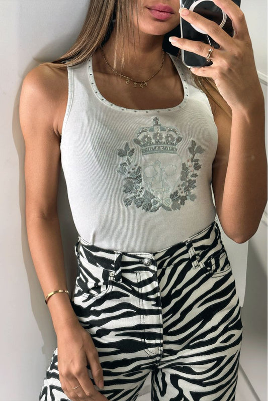 Chique tanktop bedrukt met strass steentjes