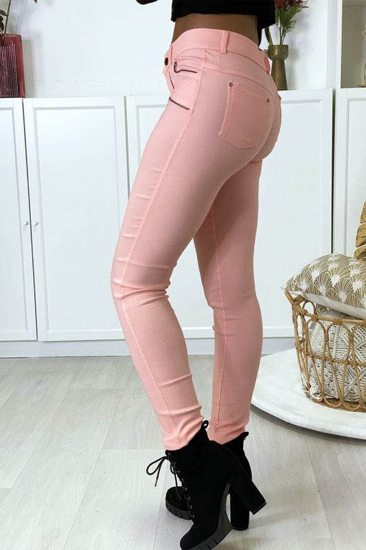 Roze slanke stretchbroek met ritssluiting en suède